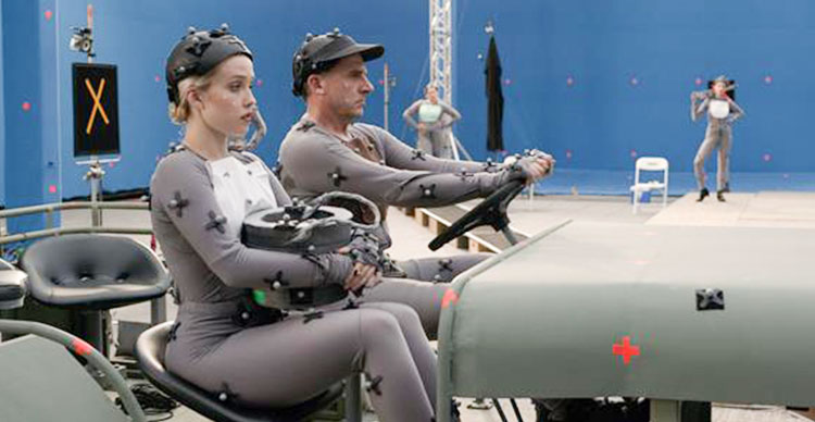 Behind-the-scenes still of Siobhan Williams and Steve Carell on the set of the film Welcome to Marwen, showcasing a motion capture scene.