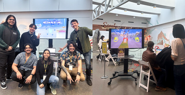 The Meowmentum development team posing at Science World’s ‘After Dark’ gaming event, where attendees could playtest the game.