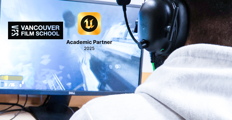 Official Vancouver Film School branding highlighting its Gold Partner status with Unreal Engine.