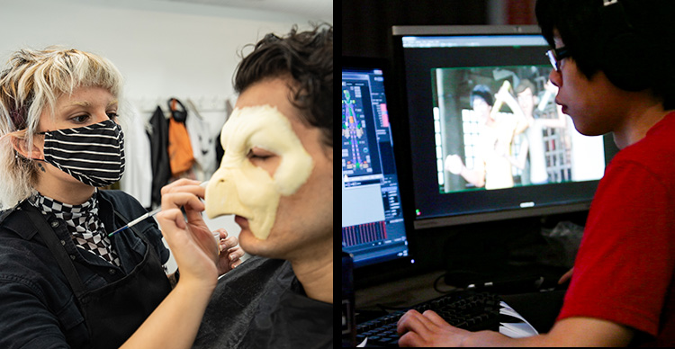 Side-by-side images of a VFS makeup artist carefully applying a prosthetic and a student working on a computer in a digital lab.