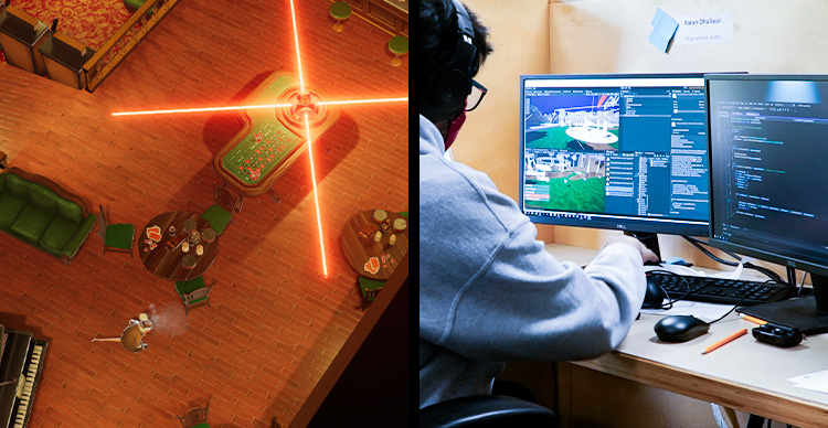 Split-screen image showing gameplay from a student project and a VFS student programming their game.