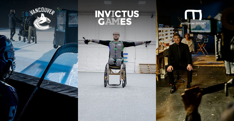 Three-frame split image highlighting VFS student collaborations with Vancouver Canucks, Invictus Games, and Maximum Effort, each with corresponding company logos. 