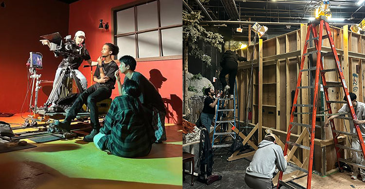 Split-screen image showing VFS Film Production students behind the camera during a Term 2 shoot, and setting up professional lighting equipment on set. 