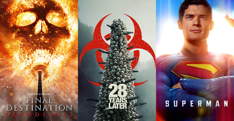 Posters for Final Destination: Bloodlines, 28 Years Later, and Superman—summer 2025 blockbusters with VFS alumni credits.
