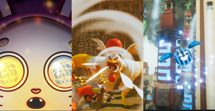 A three-part split screen showcasing student-made video games: Meowmentum (a fast-paced cat-themed platformer), The Cluckening (a whimsical chicken-themed action game), and Afloat (a stylized survival adventure set on the ocean). 