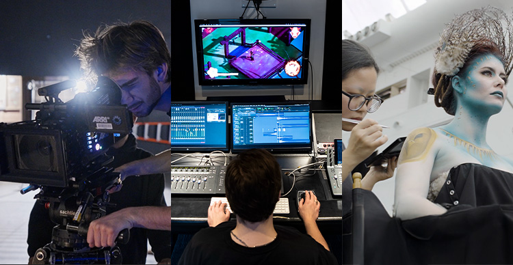  Split-screen collage of Vancouver Film School students working in Film Production, Game Design, and Makeup Design programs.