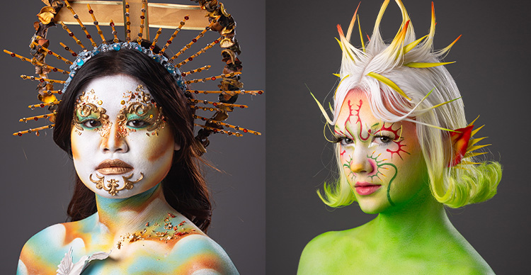 Split screen showing professional production makeup by VFS Makeup Design for Film & Television students. 