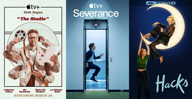 Posters of Emmy-winning TV shows The Studio, Hacks, and Severance, featuring work by Vancouver Film School alumni.