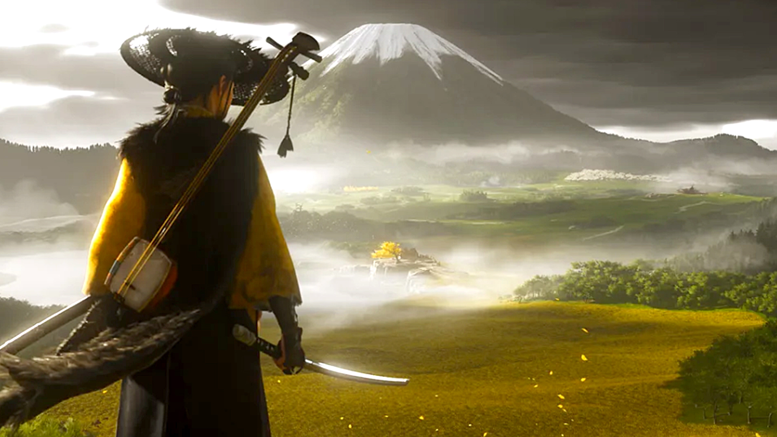 Close-up of Atsu, the central character in Ghost of Yōtei, from official Sucker Punch Productions key art.