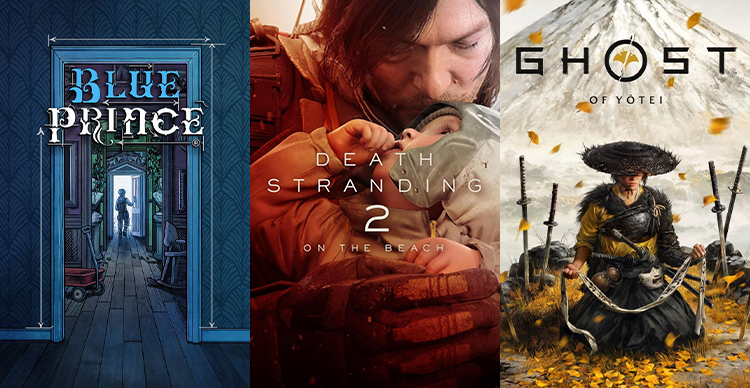 Split screen featuring cover art from Blue Prince, Death Stranding 2, and Ghost of Yōtei – all featuring VFS alumni. 