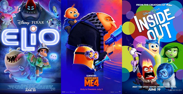 Split image of official posters for Elio, Despicable Me 4, and Inside Out, all featuring sound design work by VFS Sound Design alum Jeremy Bowker.