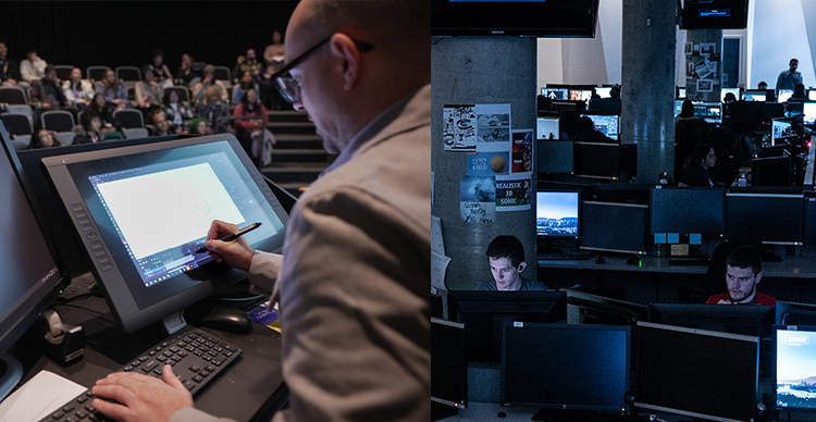 Vancouver Film School animation students collaborating in a campus production lab.