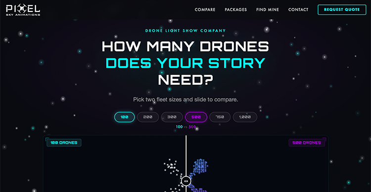 Carousel of Figma slides from the winning VFS Digital Design team showcasing their design process, concepts, and final proposal for Pixel Sky Animations’ drone show brief.