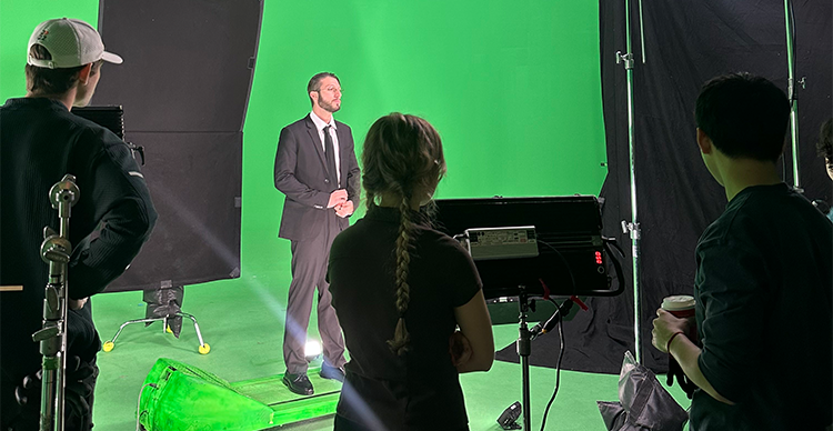 Behind-the-scenes images of bbno$’s music video production at Vancouver Film School, featuring students and alumni working on set, green screen filming, and studio production. 