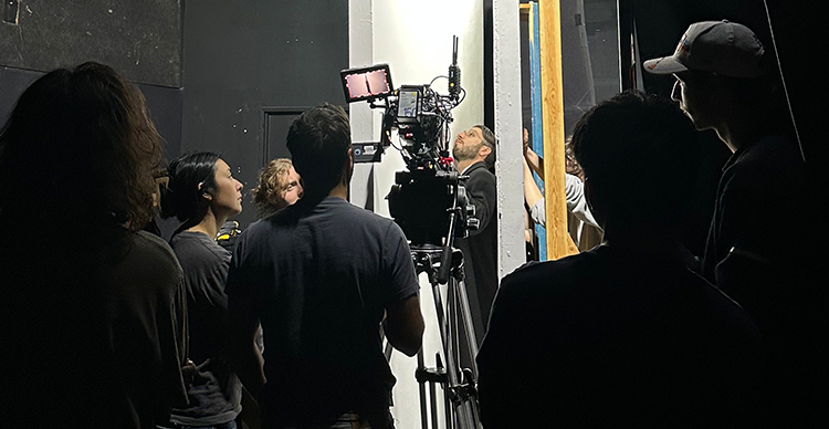 Behind-the-scenes images of bbno$’s music video production at Vancouver Film School, featuring students and alumni working on set, green screen filming, and studio production. 