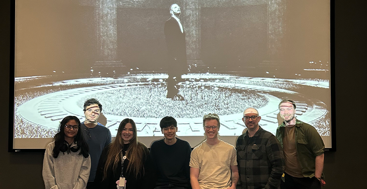 Behind-the-scenes images of bbno$’s music video production at Vancouver Film School, featuring students and alumni working on set, green screen filming, and studio production. 