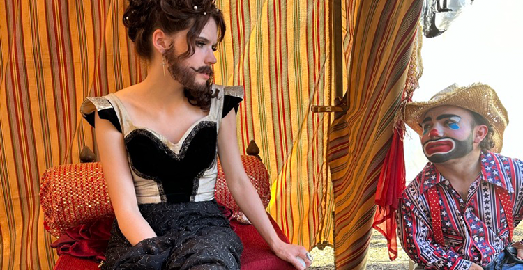 Behind the scenes images from production of The Bearded Girl, showing circus-inspired costume and set design.