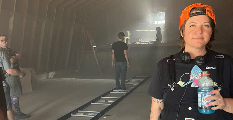 Behind the scenes images from production of The Bearded Girl, showing circus-inspired costume and set design.