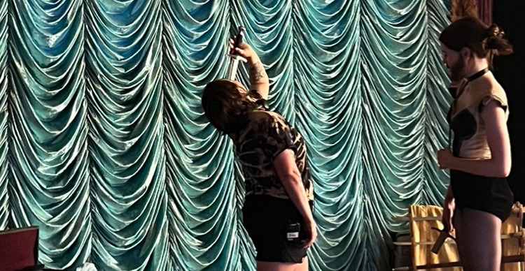 Behind the scenes images from production of The Bearded Girl, showing circus-inspired costume and set design.