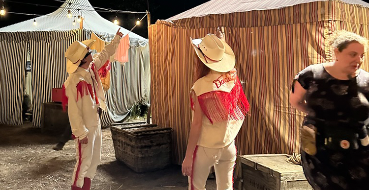 Behind the scenes images from production of The Bearded Girl, showing circus-inspired costume and set design.