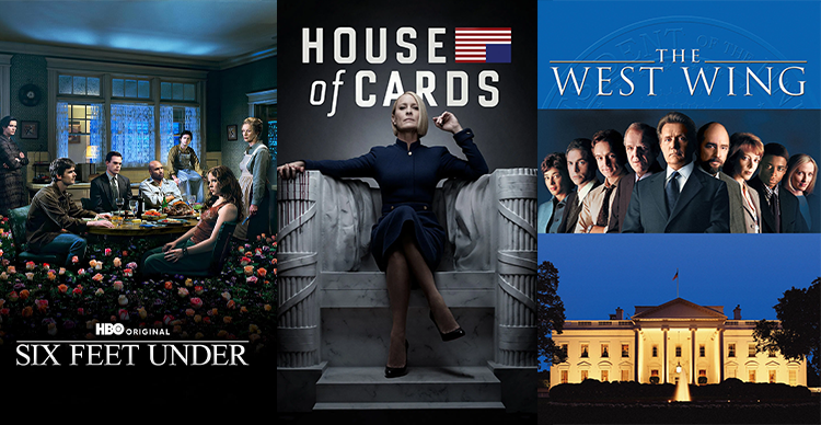 Split-screen collage highlighting television series written by Rick Cleveland, including Six Feet Under, House of Cards, and The West Wing. 