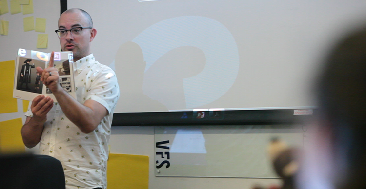 Colin Giles demonstrating animation techniques during a lecture at Vancouver Film School.