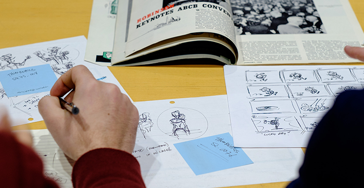Animation students sketch storyboards and visual ideas as part of the early planning process.