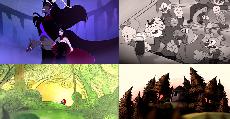 Examples of student-produced 2D animation showcasing a variety of artistic styles and storytelling techniques.