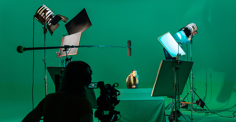 Vancouver Film School Acting students train in professional production facilities, including film sets, a green screen studio, and a large motion capture volume.