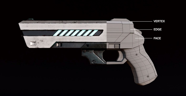 Carousel showing the stages of a 3D firearm model, from basic blockout shapes to detailed finished geometry.