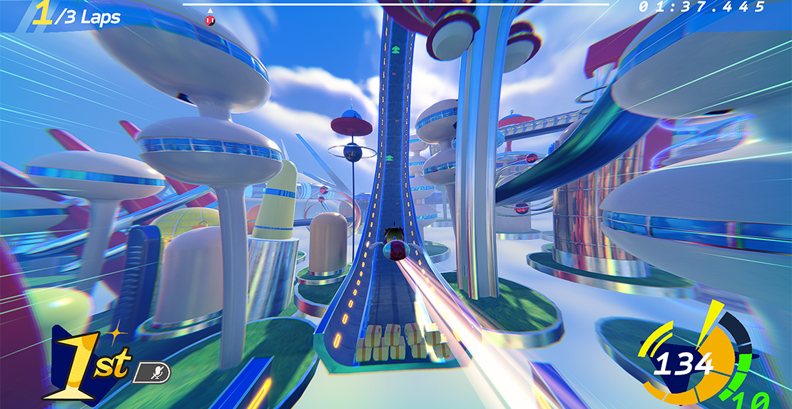 Carousel of gameplay screenshots showcasing Atomic Overdrive's retro-futuristic city, anti-gravity race tracks, and colourful arcade-inspired environments.