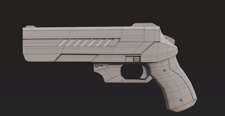 Carousel showing the stages of a 3D firearm model, from basic blockout shapes to detailed finished geometry.