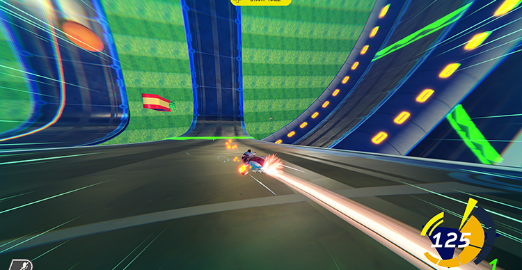 Carousel of gameplay screenshots showcasing Atomic Overdrive's retro-futuristic city, anti-gravity race tracks, and colourful arcade-inspired environments.