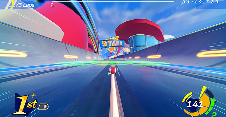 Carousel of gameplay screenshots showcasing Atomic Overdrive's retro-futuristic city, anti-gravity race tracks, and colourful arcade-inspired environments.