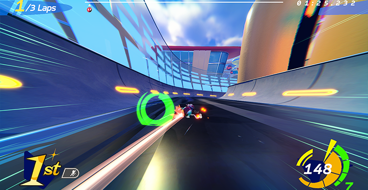 Carousel of gameplay screenshots showcasing Atomic Overdrive's retro-futuristic city, anti-gravity race tracks, and colourful arcade-inspired environments.