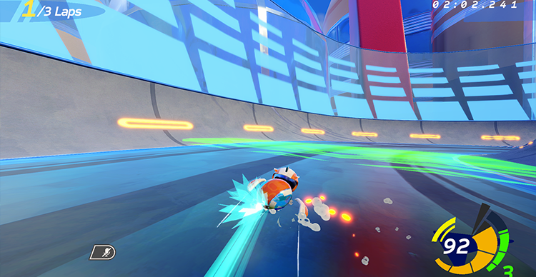 Carousel of gameplay screenshots showcasing Atomic Overdrive's retro-futuristic city, anti-gravity race tracks, and colourful arcade-inspired environments.