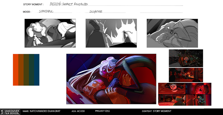 Story moment development showing multiple stages of an illustration, including thumbnail sketches, colour explorations, revisions, and the final composition.