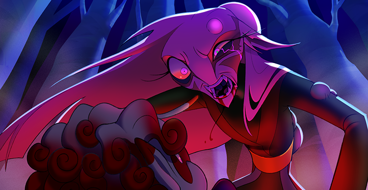 Final illustration of a villain confronting another character, using a close three-quarter view, red and cool tones, and contrasting values to emphasize tension and intimidation.