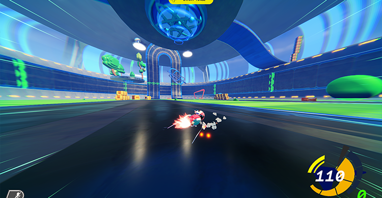 Carousel of gameplay screenshots highlighting Atomic Overdrive's core mechanics, including wall riding, gravity-defying tracks, boost pads, shortcuts, and high-speed multiplayer racing.