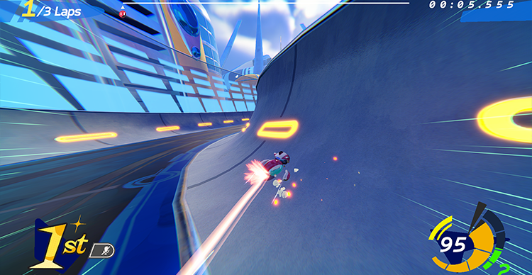 Carousel of gameplay screenshots highlighting Atomic Overdrive's core mechanics, including wall riding, gravity-defying tracks, boost pads, shortcuts, and high-speed multiplayer racing.
