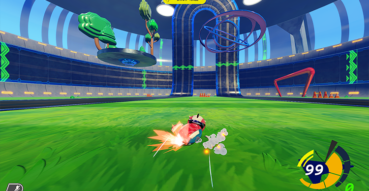 Carousel of gameplay screenshots highlighting Atomic Overdrive's core mechanics, including wall riding, gravity-defying tracks, boost pads, shortcuts, and high-speed multiplayer racing.