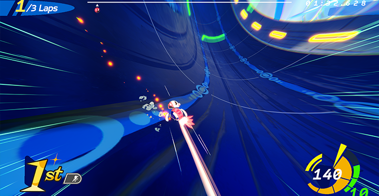 Carousel of gameplay screenshots highlighting Atomic Overdrive's core mechanics, including wall riding, gravity-defying tracks, boost pads, shortcuts, and high-speed multiplayer racing.
