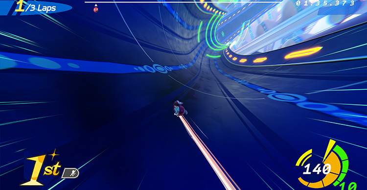 Carousel of gameplay screenshots highlighting Atomic Overdrive's core mechanics, including wall riding, gravity-defying tracks, boost pads, shortcuts, and high-speed multiplayer racing.