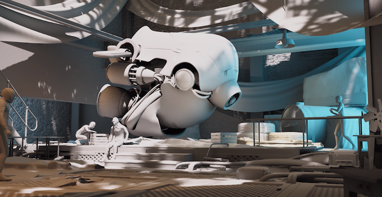 Carousel showing the stages of a 3D spacecraft model, from simple blockout geometry to detailed final model.