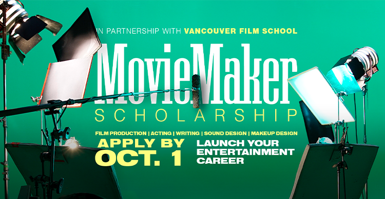 VFS MovieMaker Scholarship 2026 promotional graphic for aspiring filmmakers. 