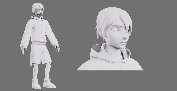 Carousel showing the stages of a 3D character model, from initial blockout to refined and detailed final geometry.