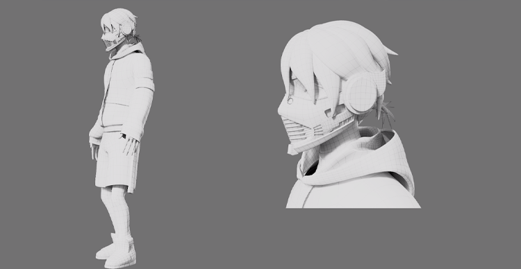 Carousel showing the stages of a 3D character model, from initial blockout to refined and detailed final geometry.