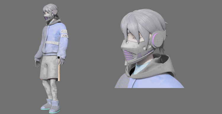 Carousel showing the stages of a 3D character model, from initial blockout to refined and detailed final geometry.