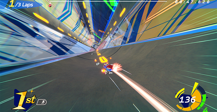 Carousel showing the development journey of Atomic Overdrive, from early concept art and playable prototypes to the finished multiplayer racing game.