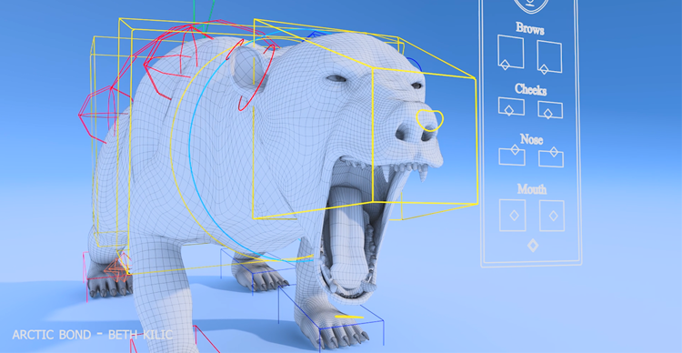 Carousel showing the stages of a 3D bear model, from basic forms to detailed finished geometry.